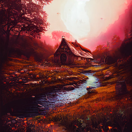 Beautiful Colorful Countryside and Cottage Illustrationの素材
