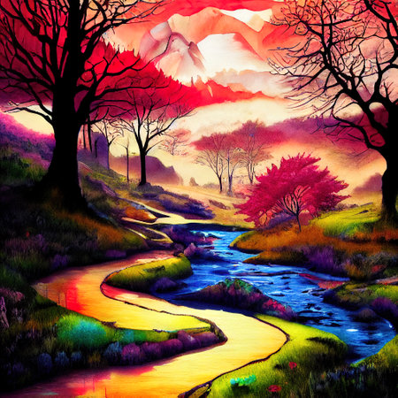Beautiful Colorful Countryside and Cottage Illustrationの素材