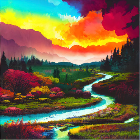 Beautiful Colorful Countryside and Cottage Illustrationの素材