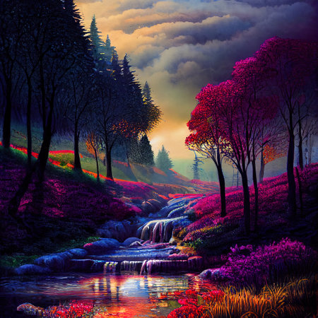 Beautiful Colorful Countryside and Cottage Illustrationの素材