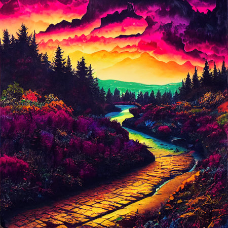 Beautiful Colorful Countryside and Cottage Illustrationの素材