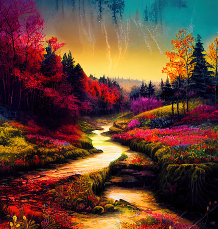 Beautiful Colorful Countryside and Cottage Illustrationの素材