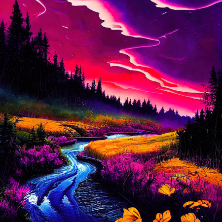 Beautiful Colorful Countryside and Cottage Illustrationの素材