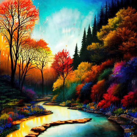 Beautiful Colorful Countryside and Cottage Illustrationの素材