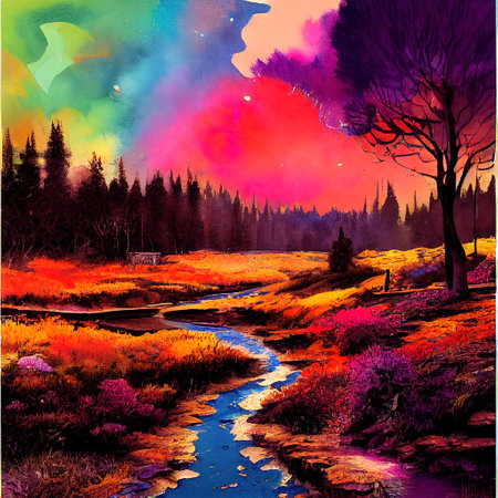 Beautiful Colorful Countryside and Cottage Illustrationの素材