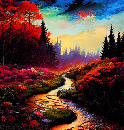 Beautiful Colorful Countryside and Cottage Illustrationの素材