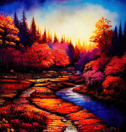 Beautiful Colorful Countryside and Cottage Illustrationの素材