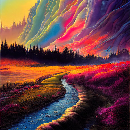 Beautiful Colorful Countryside and Cottage Illustrationの素材