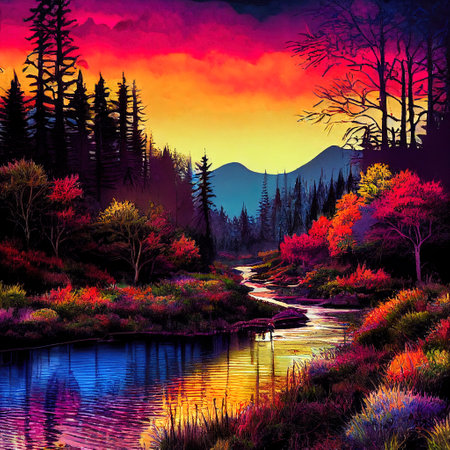 Beautiful Colorful Countryside and Cottage Illustrationの素材