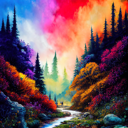 Beautiful Colorful Countryside and Cottage Illustrationの素材