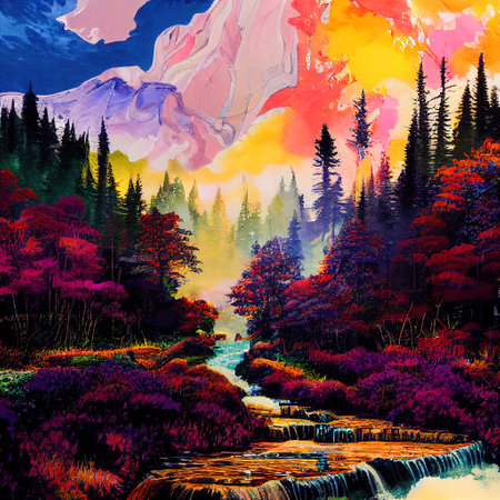 Beautiful Colorful Countryside and Cottage Illustrationの素材