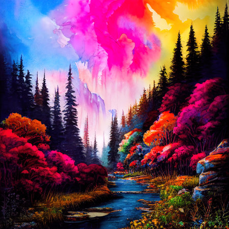 Beautiful Colorful Countryside and Cottage Illustrationの素材