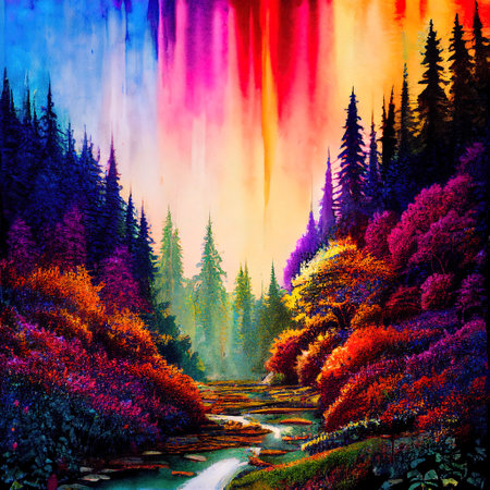 Beautiful Colorful Countryside and Cottage Illustrationの素材