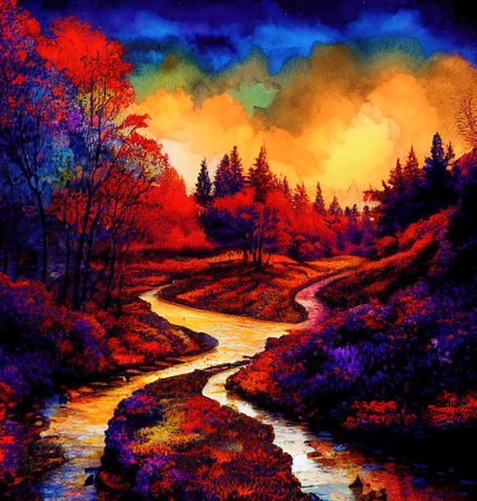 Beautiful Colorful Countryside and Cottage Illustrationの素材