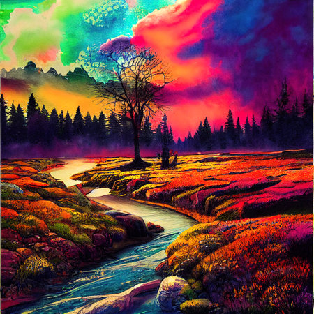 Beautiful Colorful Countryside and Cottage Illustrationの素材