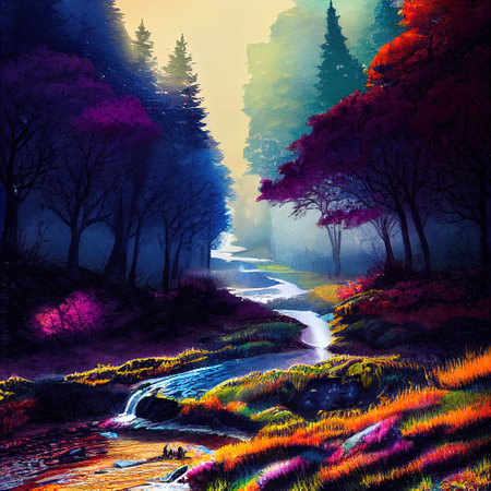 Beautiful Colorful Countryside and Cottage Illustrationの素材