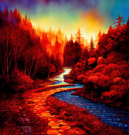 Beautiful Colorful Countryside and Cottage Illustrationの素材