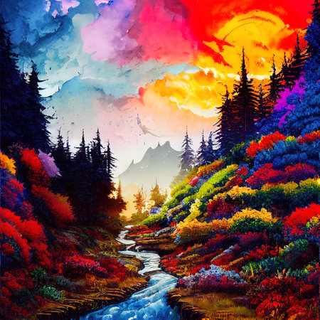 Beautiful Colorful Countryside and Cottage Illustrationの素材
