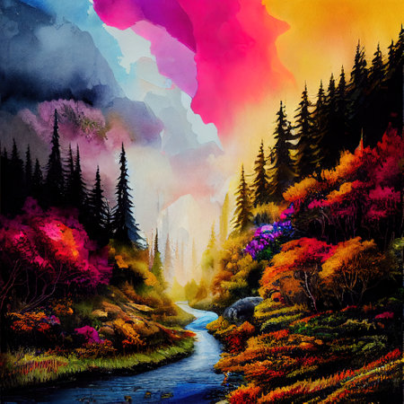 Beautiful Colorful Countryside and Cottage Illustrationの素材