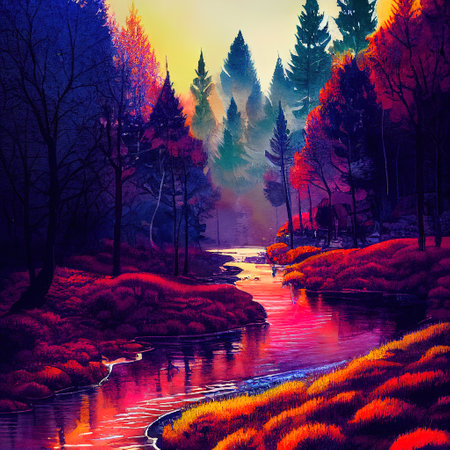 Beautiful Colorful Countryside and Cottage Illustrationの素材