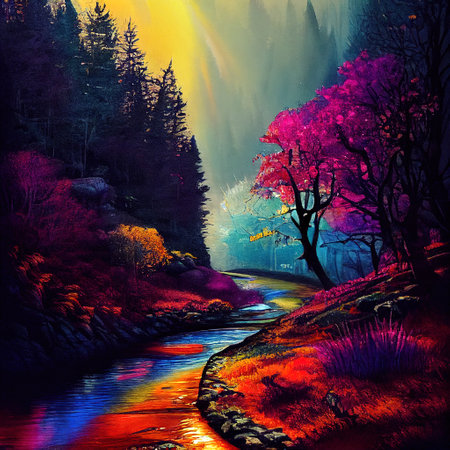 Beautiful Colorful Countryside and Cottage Illustrationの素材