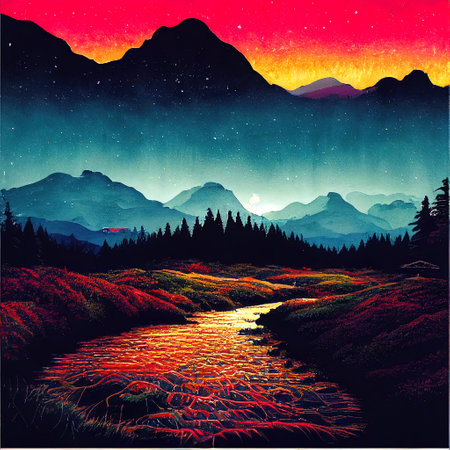 Beautiful Colorful Countryside and Cottage Illustrationの素材