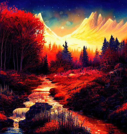 Beautiful Colorful Countryside and Cottage Illustrationの素材