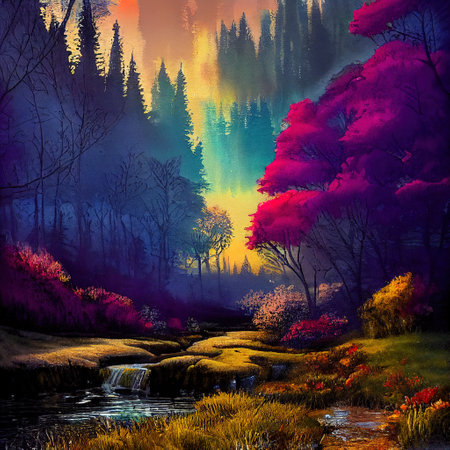 Beautiful Colorful Countryside and Cottage Illustrationの素材