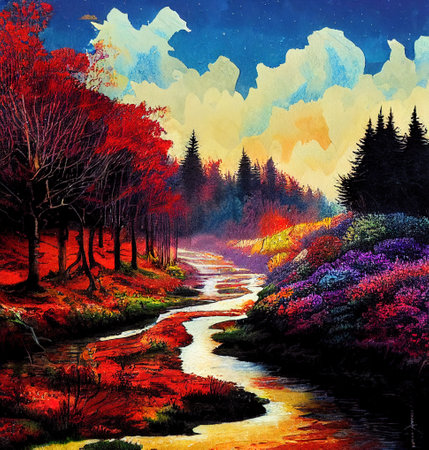 Beautiful Colorful Countryside and Cottage Illustrationの素材