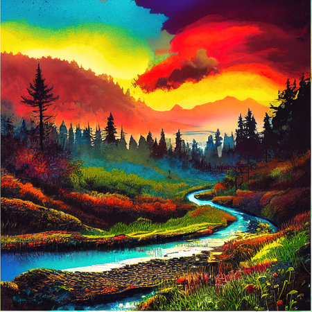 Beautiful Colorful Countryside and Cottage Illustrationの素材