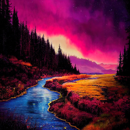 Beautiful Colorful Countryside and Cottage Illustrationの素材