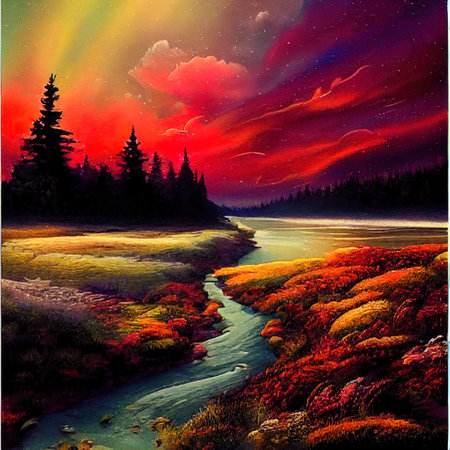 Beautiful Colorful Countryside and Cottage Illustrationの素材