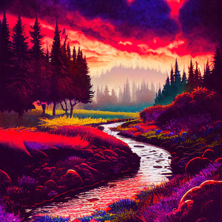 Beautiful Colorful Countryside and Cottage Illustrationの素材