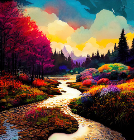 Beautiful Colorful Countryside and Cottage Illustrationの素材
