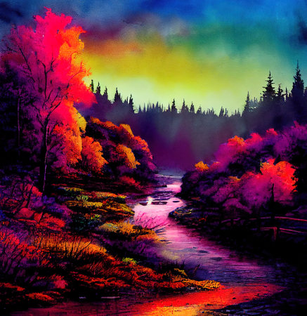 Beautiful Colorful Countryside and Cottage Illustrationの素材