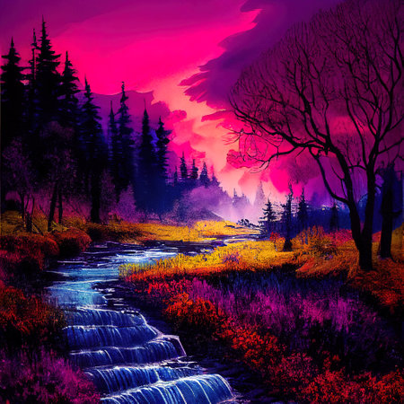 Beautiful Colorful Countryside and Cottage Illustrationの素材