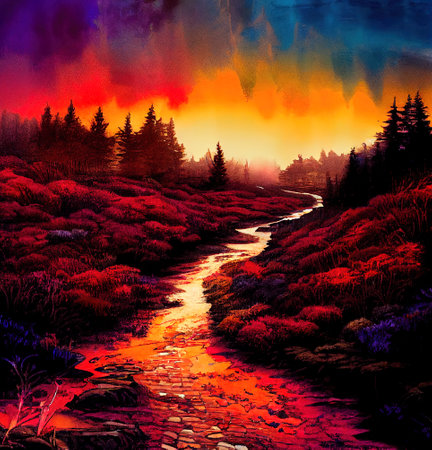 Beautiful Colorful Countryside and Cottage Illustrationの素材