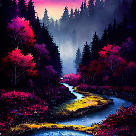 Beautiful Colorful Countryside and Cottage Illustrationの素材