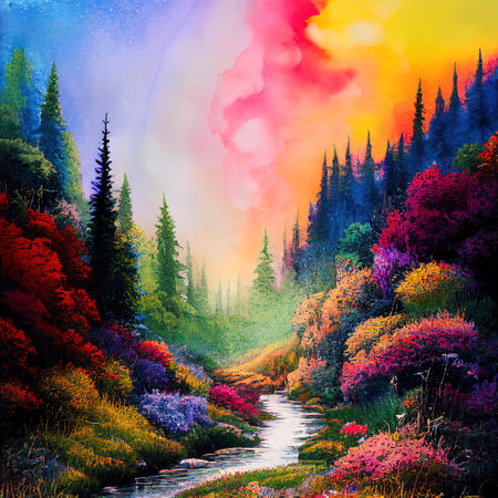 Beautiful Colorful Countryside and Cottage Illustrationの素材