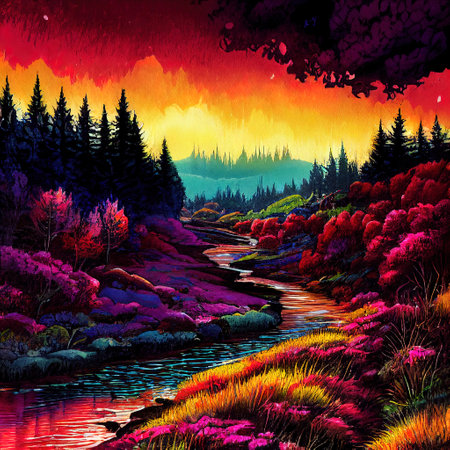Beautiful Colorful Countryside and Cottage Illustrationの素材