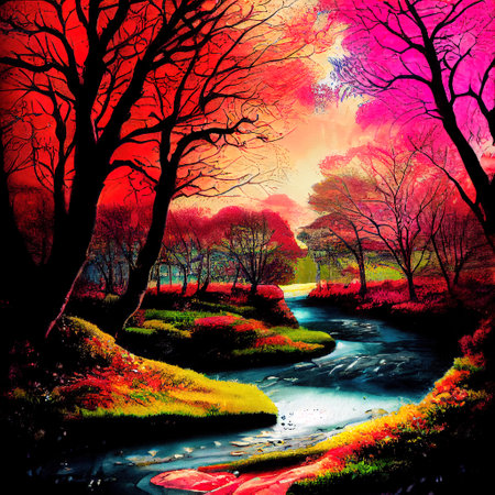 Beautiful Colorful Countryside and Cottage Illustrationの素材