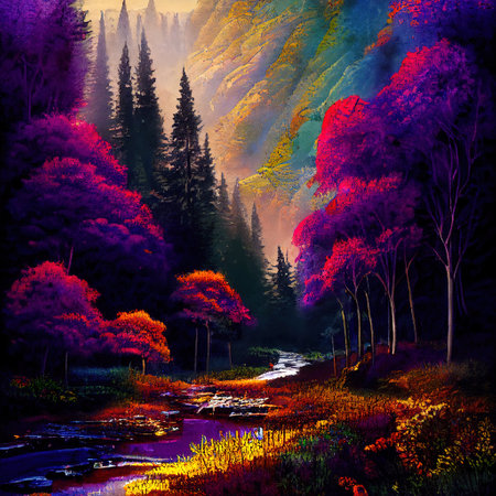 Beautiful Colorful Countryside and Cottage Illustrationの素材