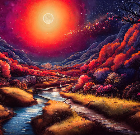 Beautiful Colorful Countryside and Cottage Illustrationの素材