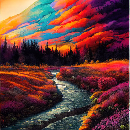 Beautiful Colorful Countryside and Cottage Illustrationの素材