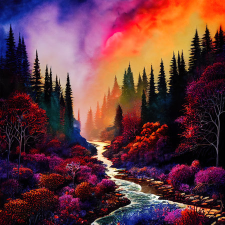 Beautiful Colorful Countryside and Cottage Illustrationの素材