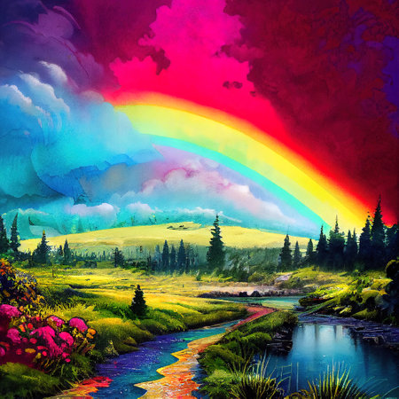 Beautiful Colorful Countryside and Cottage Illustrationの素材