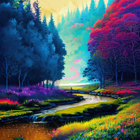 Beautiful Colorful Countryside and Cottage Illustrationの素材
