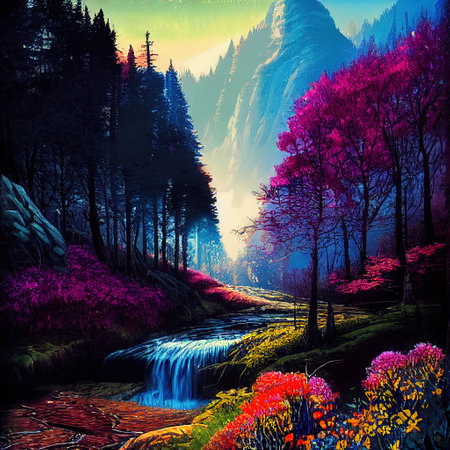 Beautiful Colorful Countryside and Cottage Illustrationの素材