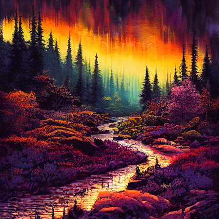 Beautiful Colorful Countryside and Cottage Illustrationの素材