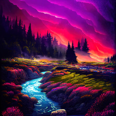 Beautiful Colorful Countryside and Cottage Illustrationの素材